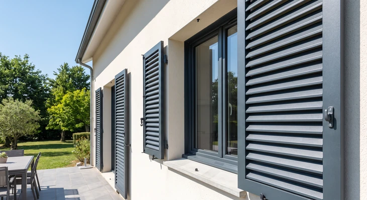 Pergola bioclimatique aluminium gris anthracite, structure autoportante à 4 poteaux carrés, toiture à lames orientables