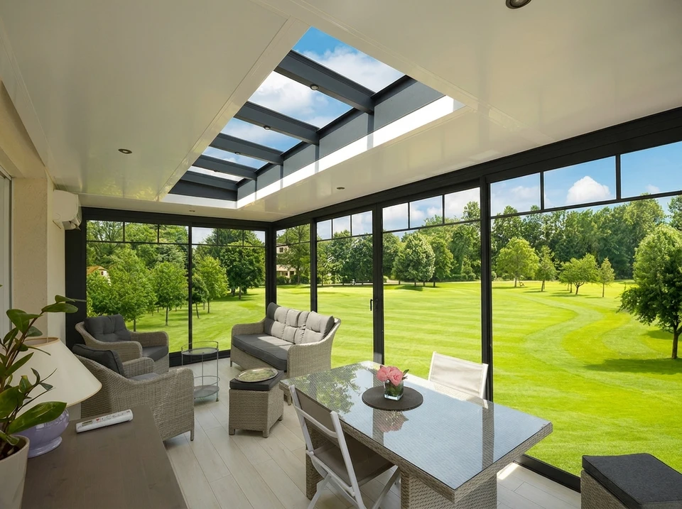 Véranda moderne avec vue panoramique sur golf verdoyant