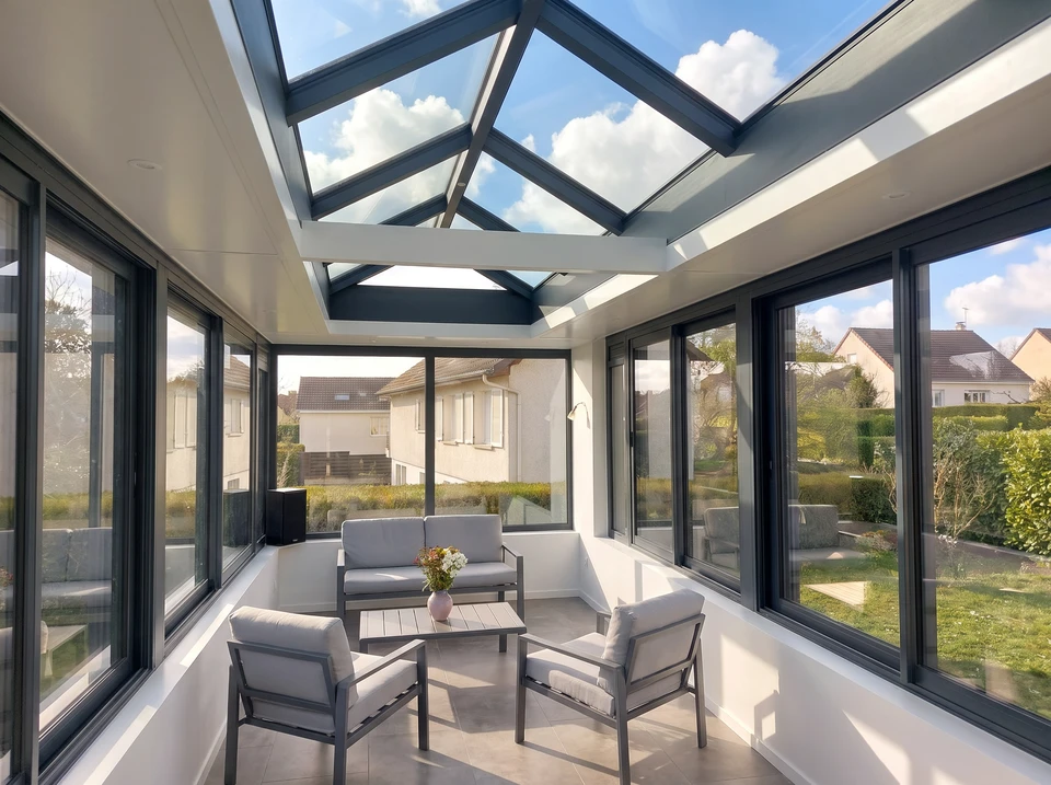 Véranda moderne avec vue panoramique sur golf verdoyant