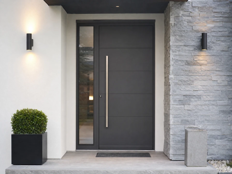 Façade en pierre calcaire rustique avec une porte de garage sectionnelle à relevage vertical, finition bois noyer foncé, intégrée dans une arche en pierre de taille