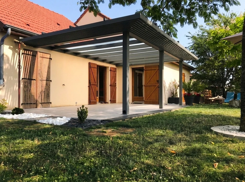 Volet coulissant en aluminium gris clair installé en façade extérieure d'une maison, partiellement ouvert devant une baie vitrée à deux vantaux avec rideau blanc