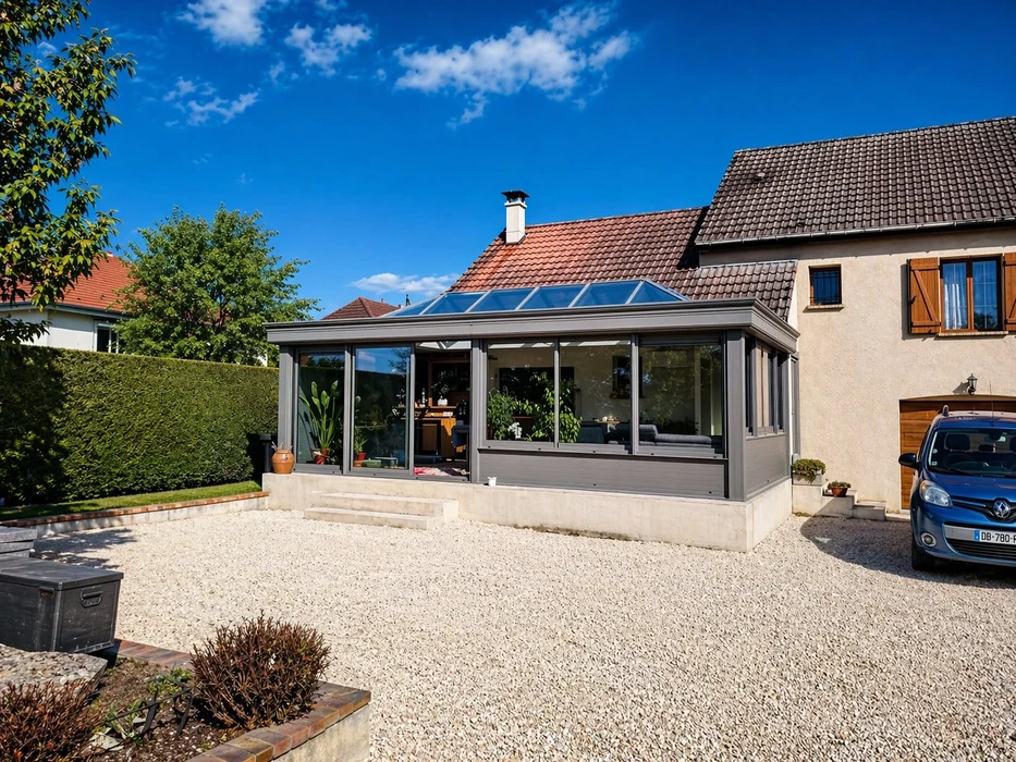 Véranda moderne installée sur une terrasse-balcon en étage, avec garde-corps métallique anthracite à barreaudage vertical