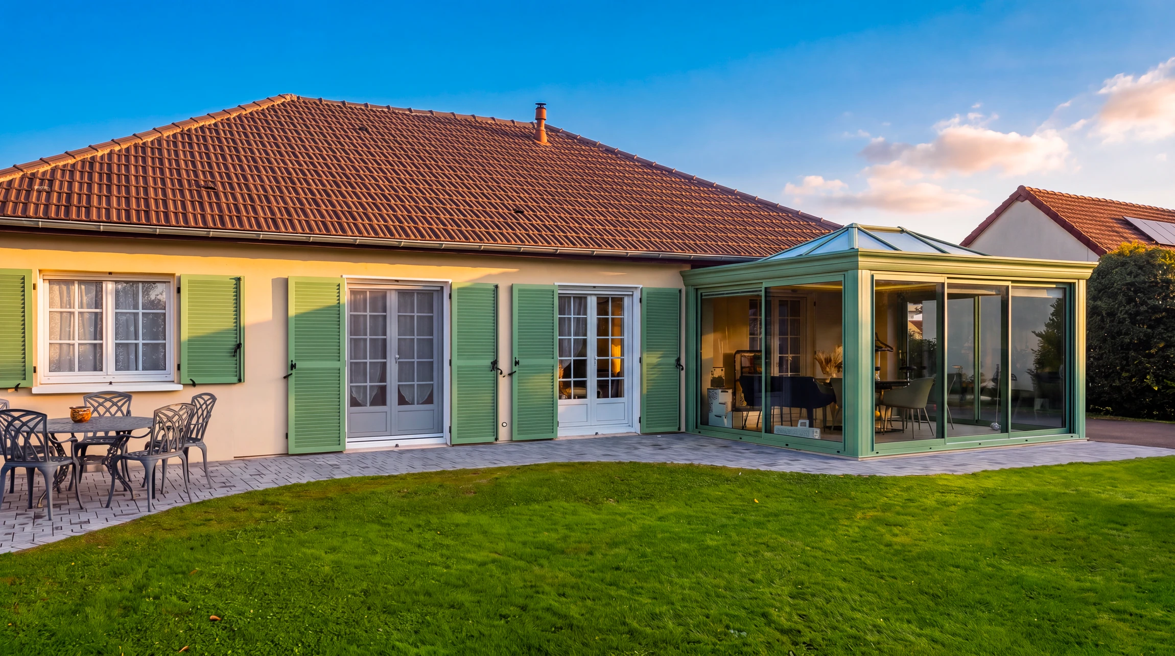 Véranda contemporaine à ossature aluminium anthracite, toiture mixte opaque/vitrage, adossée à une villa